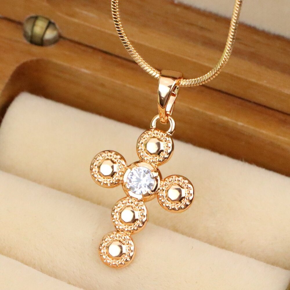 "Rose Gold Cross Pendant with Textured Beads and Center Crystal Stone, XPPT1606